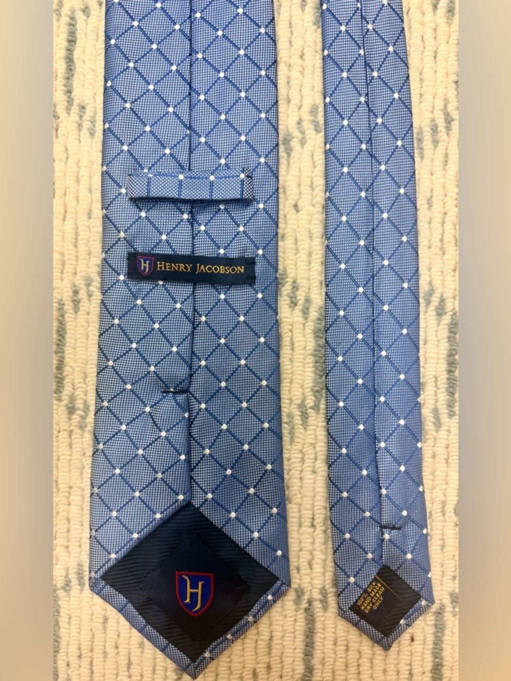 HENRY JACOBSON 100% Silk Handmade Blue Diamond Geometric Pattern Men’s Necktie - Picture 8 of 12
